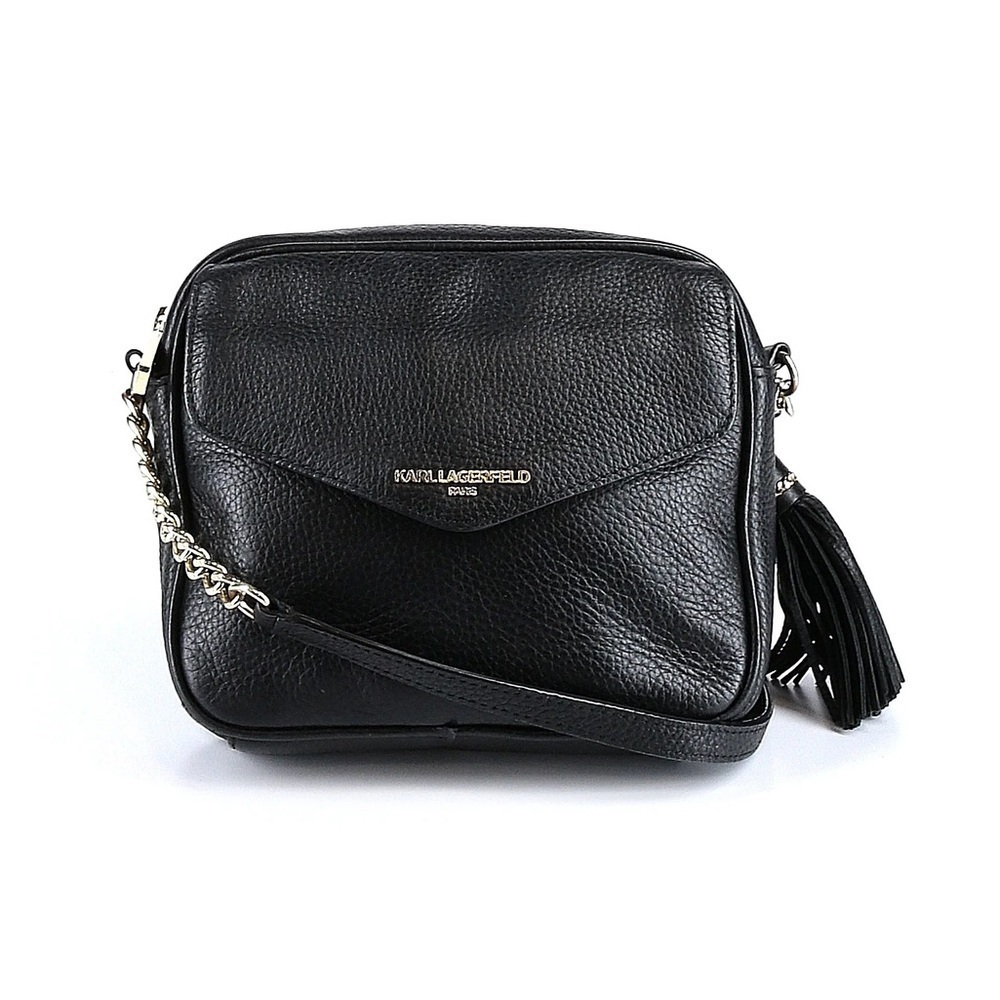 Karl Lagerfeld Black Pebbled Leather Crossbody Bag Silver Hardware Tassel